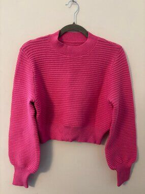 Hot Pink Ribbed Knit Cropped Sweater, Size S